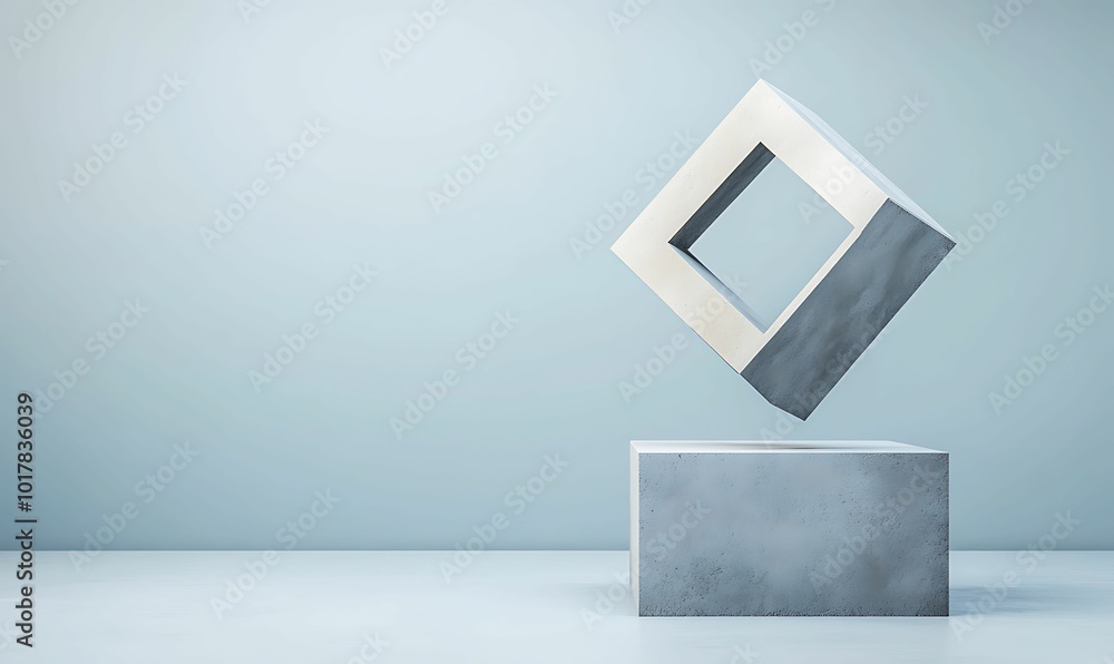 Poster this image features a modern geometric sculpture in a minimalist setting, showcasing a floating piec