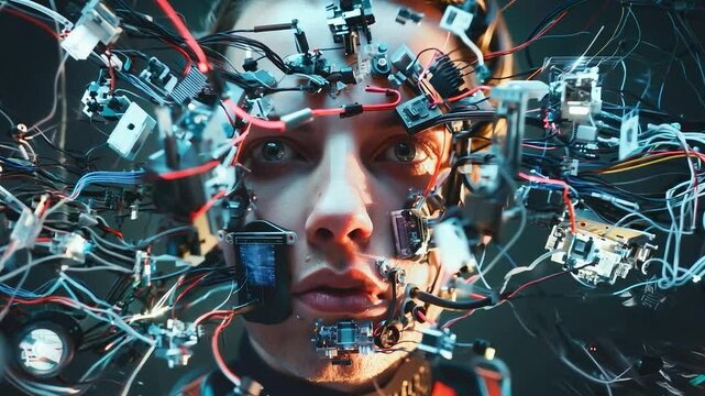 Portrait face of a man futuristic AI cyborg have a lot of cables and wires, A man with cyborgized brain