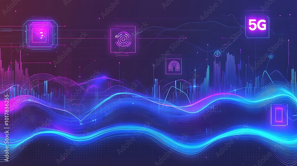 Poster abstract futuristic background with glowing lines and digital elements representing 5g technology.