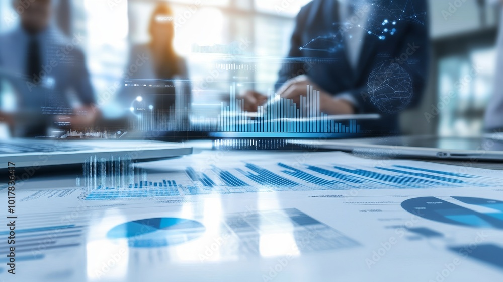 Poster a business meeting with graphs and charts displayed on a table, showcasing data analysis and strateg
