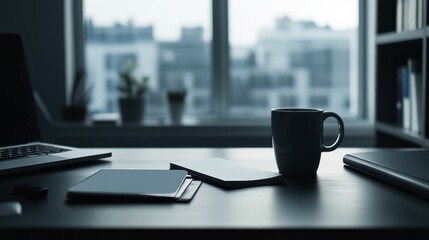 A minimalist workspace featuring a laptop, notebooks, and a coffee mug, creating a serene atmosphere for productivity.
