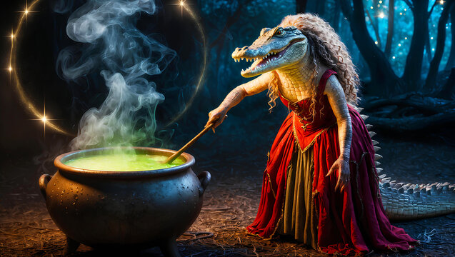 Cuca. Fantastic creature from Brazilian folklore that frightens children. Female alligator stands near a rustic old-fashioned cauldron with boiling green-glowing potion