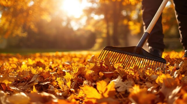 A person raking golden leaves on a crisp autumn day, capturing the essence of seasonal change and outdoor activity.