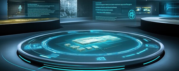 A futuristic exhibit showcasing a holographic display of architectural models and information.