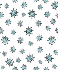Christmas background with characters with a beard and a Santa Claus hat. Vector seamless background, pattern with dwarfs and snowflakes. Paper or wallpaper, fabric and holiday accessories