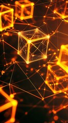 Abstract digital representation of interconnected cubes with glowing lines and nodes.