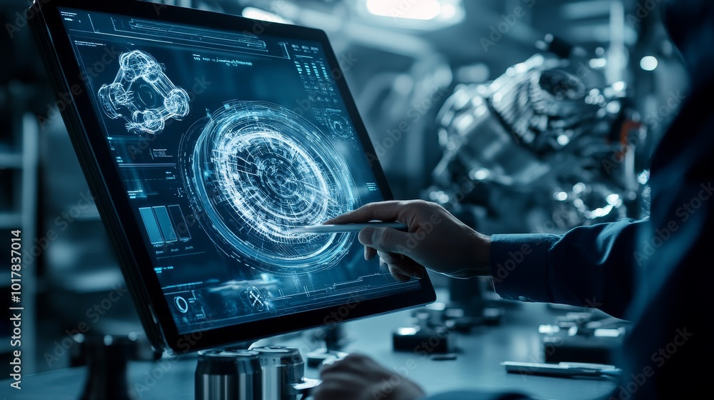 Poster a person interacts with a futuristic touchscreen display showing complex data and holographic graphi