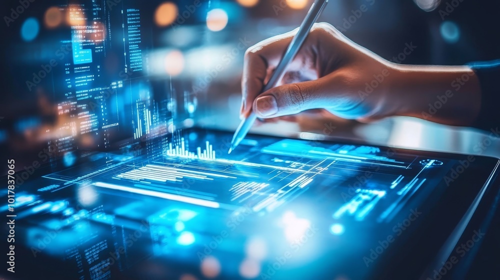 Aufkleber a hand using a stylus on a digital tablet displaying data analytics and graphs in a futuristic inter
