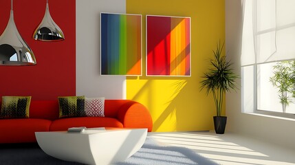 Modern living room with red, yellow and white walls, a red sofa, two abstract paintings and a coffee table