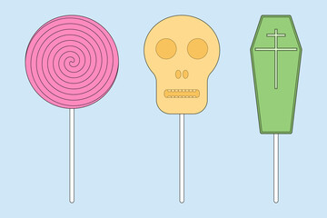 Colorful Halloween-themed candy lollipops shaped like a spiral, skull, and coffin. Perfect for festive party decorations and invitations.