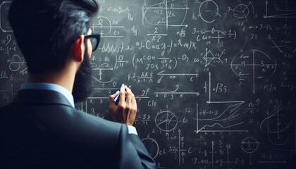 A man in a suit is writing complex mathematical formulas and equations on a large chalkboard.