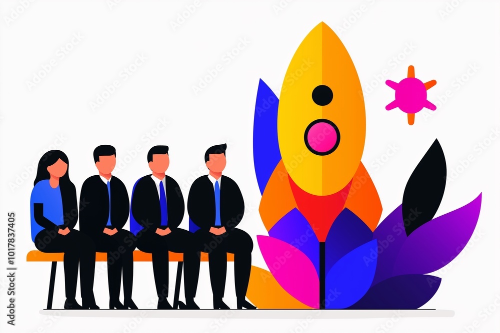 Poster group of people sitting on a bench. a yellow rocket is in the background. the rocket is in the middl