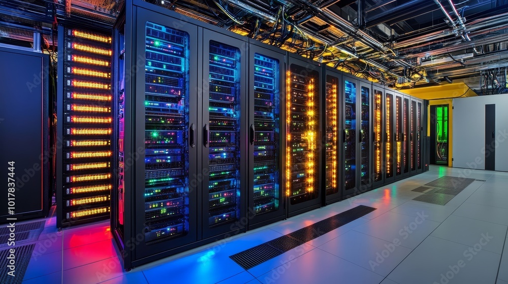 Poster a modern data center filled with servers, showcasing colorful lights and organized racks for efficie