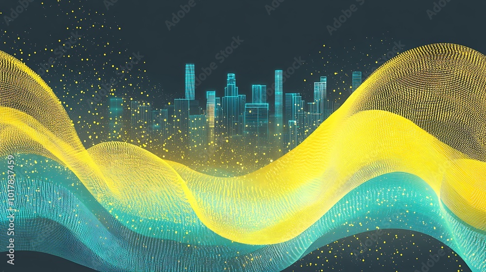 Poster abstract digital wave with a cityscape in the background.