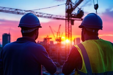 Two construction workers in safety gear stand silhouetted against a magnificent sunset, surrounded by cranes and the outlines of high-rise buildings under construction.
