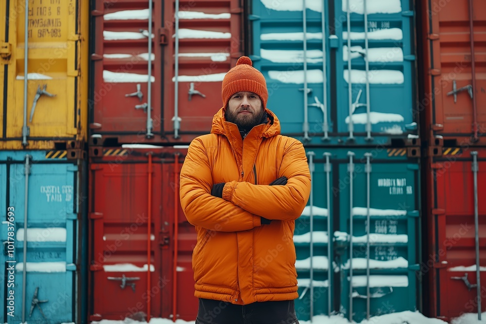 Poster Man in an orange jacket stands in front of a stack of containers. He is wearing a red hat and has his arms crossed. Confident worker in safety in front of colorful shipping containers, professionalism
