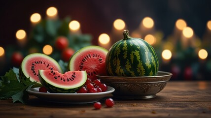 A whole watermelon and slices on a plate with red berries,  placed on a wooden table against a bokeh background.