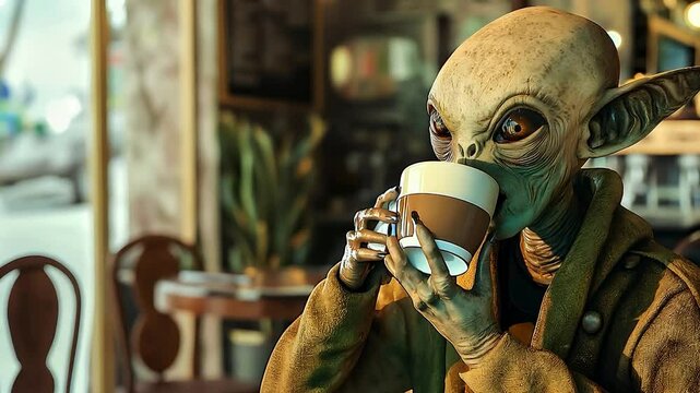 An alien creature enjoying drinking coffee in a coffee shop	