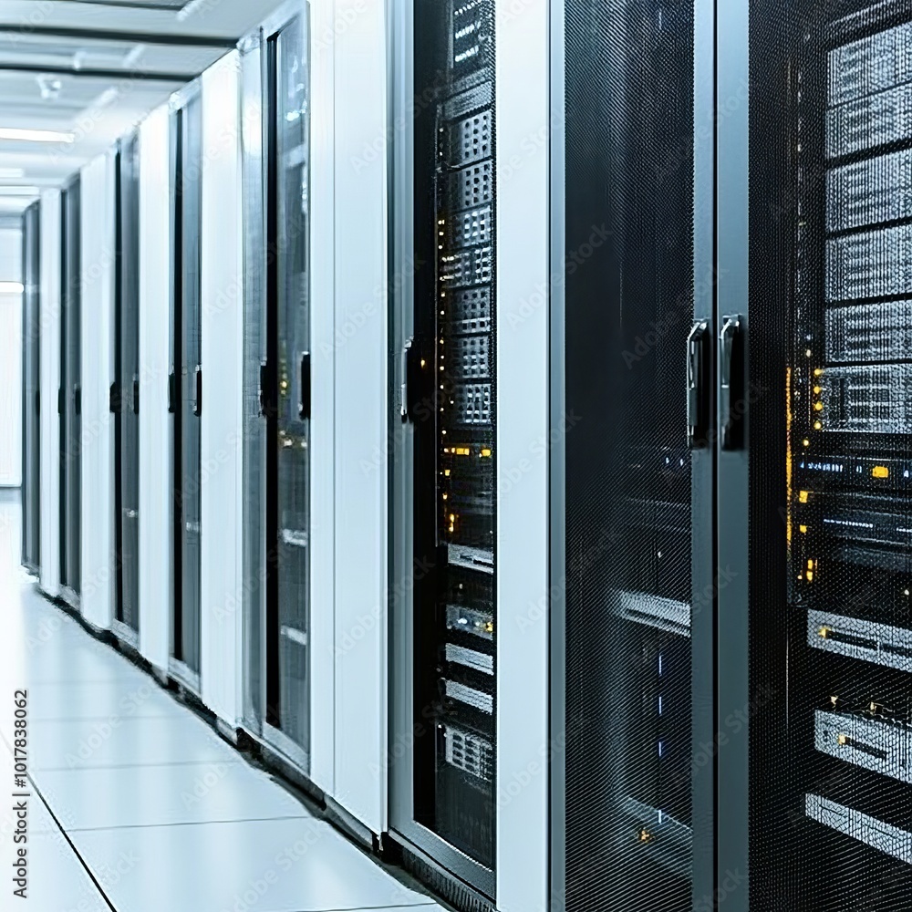 Aufkleber network servers in data center modern technology, big data storage, cloud computing infrastructure