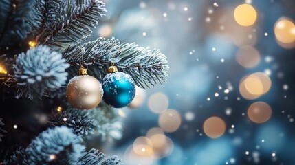 Decorative Christmas tree adorned with blue and gold ornaments in a winter wonderland with falling snow and soft glowing lights. With copy space for text.