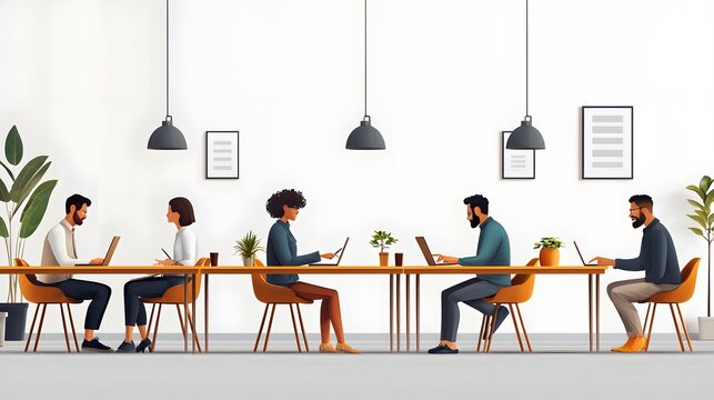 A diverse group of professionals engaged in tasks at a modern workspace, with plants and lamps. The atmosphere is collaborative, showcasing focus and creativity. Business and Corporate Concept