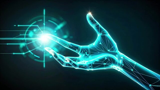 A glowing, digital hand reaches out, touching an illuminated sphere.