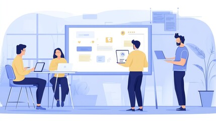 A team collaborates in a modern office setting, discussing ideas and analyzing data on a large screen.