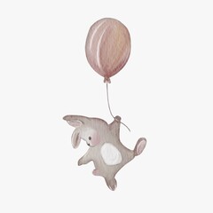 A cute rabbit floating with a balloon in a whimsical, colorful design for children's decor