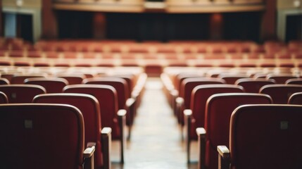 Fototapeta premium A spacious theatre auditorium with rows of comfortable seats facing the stage, offering an ideal setting for live performances.