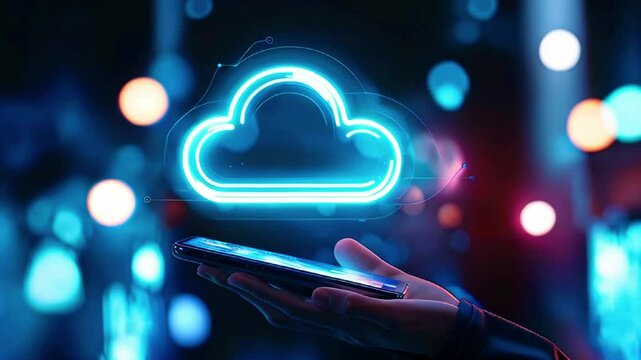 Hand holding a smartphone with a glowing cloud icon above it against a blurred background of colorful lights.