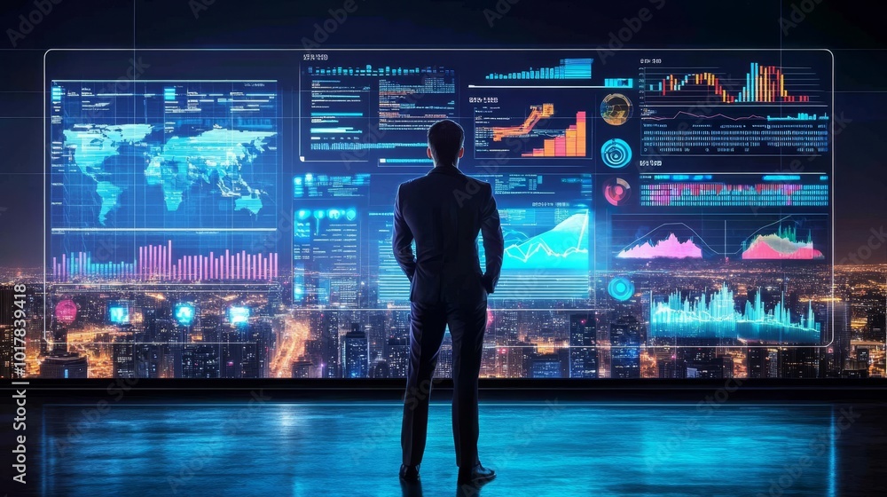 Aufkleber a person stands before a futuristic display of data analytics and global information, overlooking a 