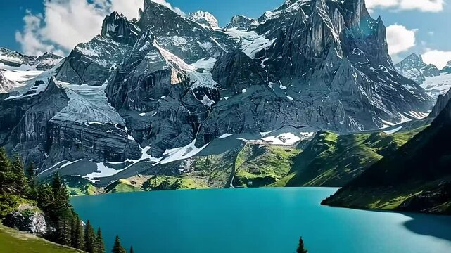 A photo of a pristine alpine lake nestled among towering peaks in the Swiss Alps