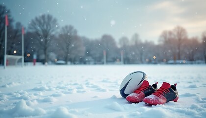 Rugby ball and cleats resting on snow-covered field with goalposts and winter landscape, Boxing Day Sports background, copy space