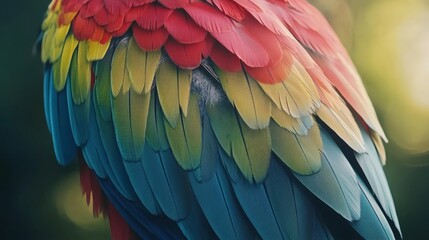 Obraz premium A close-up of a parrot's vibrant feathers showcasing a blend of red, yellow, and blue hues.