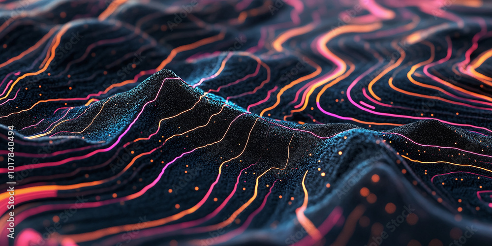 Poster abstract terrain map featuring a black field with vibrant colorful lines in a dynamic flow pattern