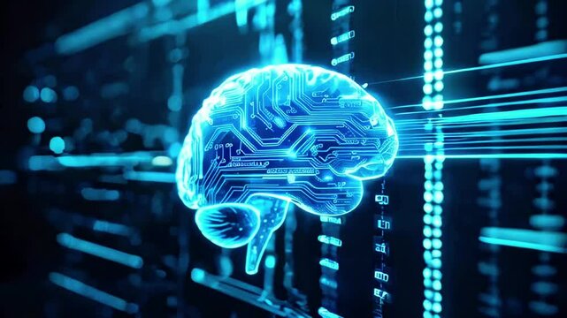 A digital rendering of a brain with a circuit board pattern illuminated in blue with lines of data.