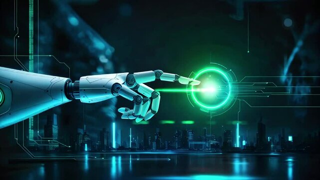 A robotic hand reaches out to touch a glowing green circle interface, set against a futuristic city skyline.