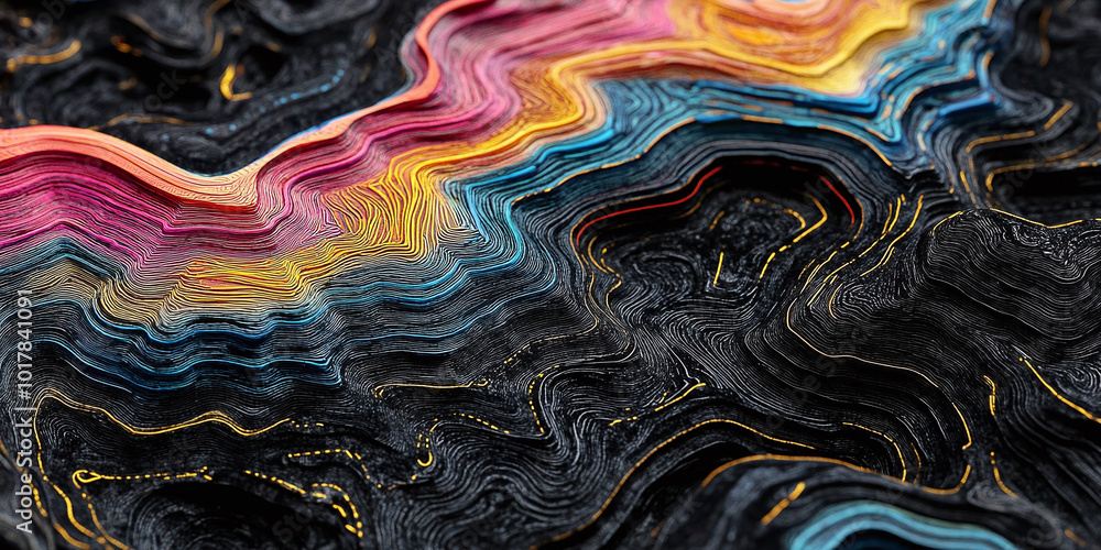 Poster abstract terrain map featuring a black field with vibrant colorful lines in a dynamic flow pattern