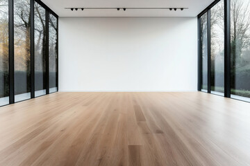 Fototapeta premium Modern empty room with large floor-to-ceiling windows, light wood flooring, white walls, and ceiling spotlights overlooking outdoors with trees and bushes.