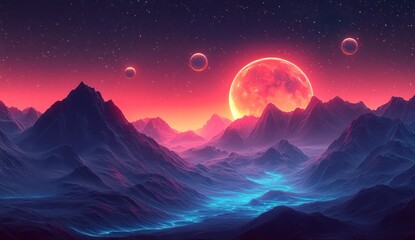 Red Moon Rising Over Mountains