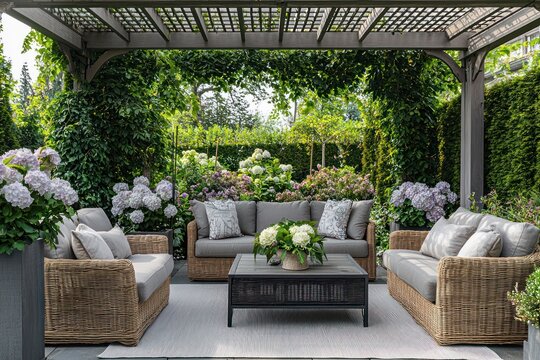 Comfortable outdoor seating under a pergola on a lush garden terrace.