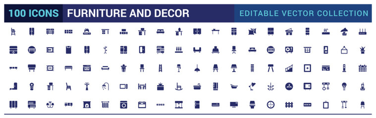 Furniture and decor solid icons set. Glyph icon collection for web and ui. Filled icon pack, Vector illustration. Editable and Pixel perfect.