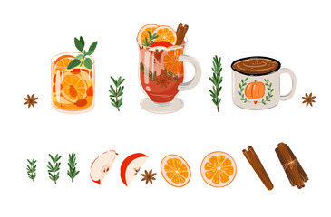 Vector set of Autumn drinks Mulled wine, coffee, hot drinks, spices, herbs, apples, and oranges isolated on white background. 