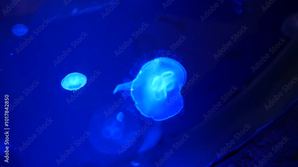 Poster glowing jellyfish floating in deep blue water, their translucent bodies illuminated with soft light.