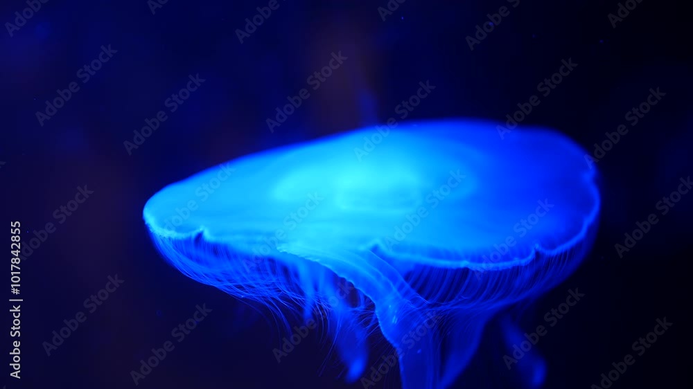 Poster a glowing jellyfish floats gracefully in deep blue water, its translucent tentacles gently trailing 