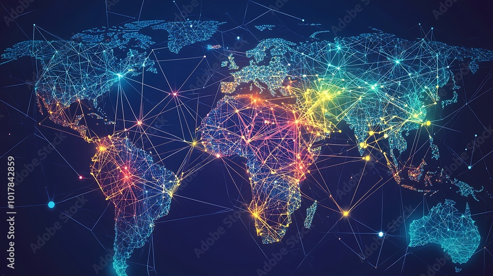 Poster Abstract polygonal world map with glowing connection lines, representing global communication and networking.