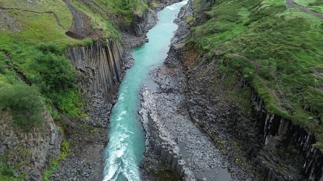 Studlagil basalt canyon in East Iceland. The canyon is located in the upper part of Jokuldalur Valley in East Iceland