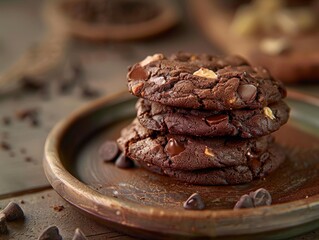 Close-up of Chocolate Chip Cookies Stacked on a Plate