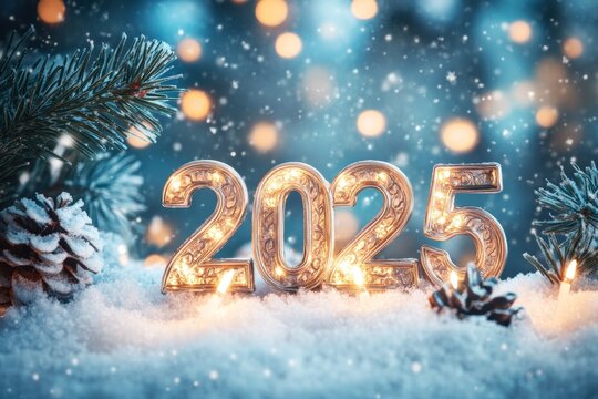 Celebratory winter scene featuring illuminated 2025 numerals surrounded by pinecones and snow with festive lights in the background