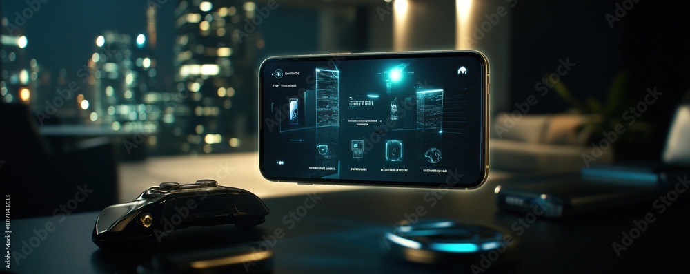 Wall mural A smartphone displaying a futuristic interface in a modern urban setting at night.